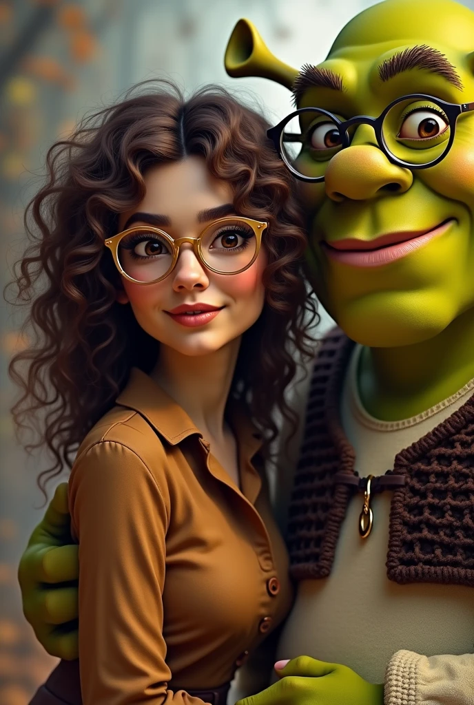 Brunetette, curly frizzy curly hair, eyes browns, drawn lips, wearing golden glasses and a brown blouse next to shrek