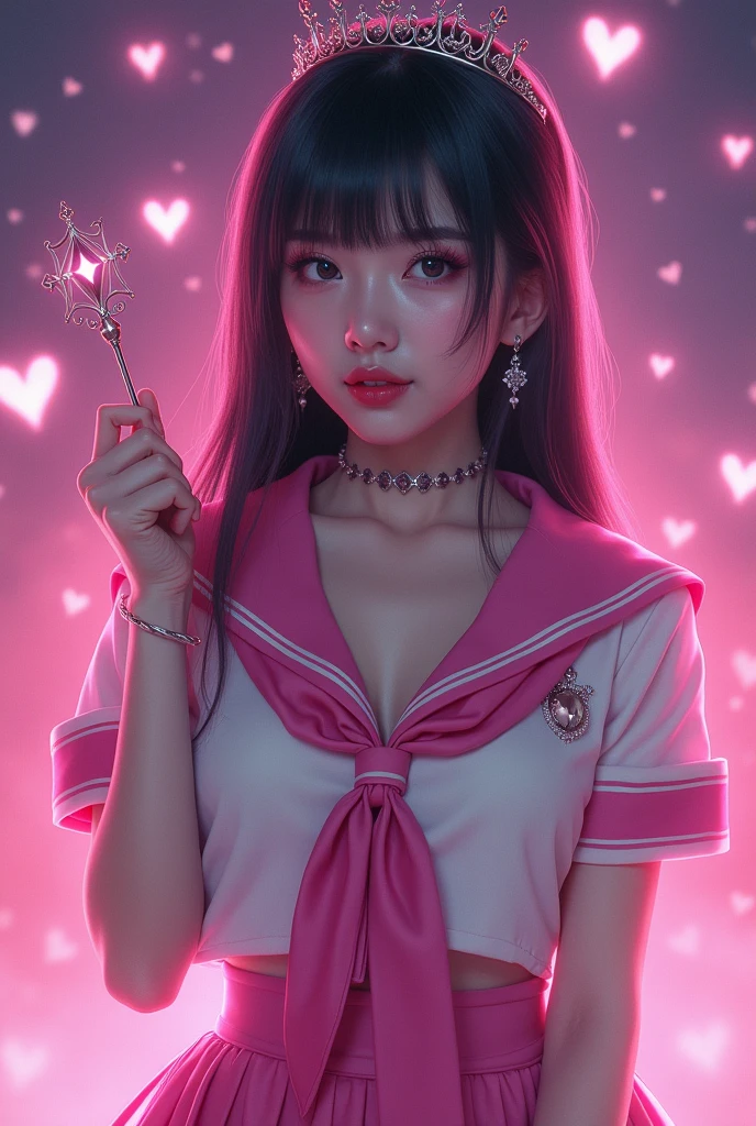 1girl, solo, (Black long and straight haired asian young woman with hot pink highlights with bangs on her hair, two colored hair, hair down, medium breasts, long haired emo girl, multicolored hair), makeup (black lipstick, purple eyeshadow), (hot pink and white sailor sleeveless school uniform, pleated miniskirt, tiara, earrings, choker, long silk gloves), holding wand, smile, hot pink dream like background of a night sky, stars and hearts, masterpiece, (best quality:1.1), 4k, uhd, highres