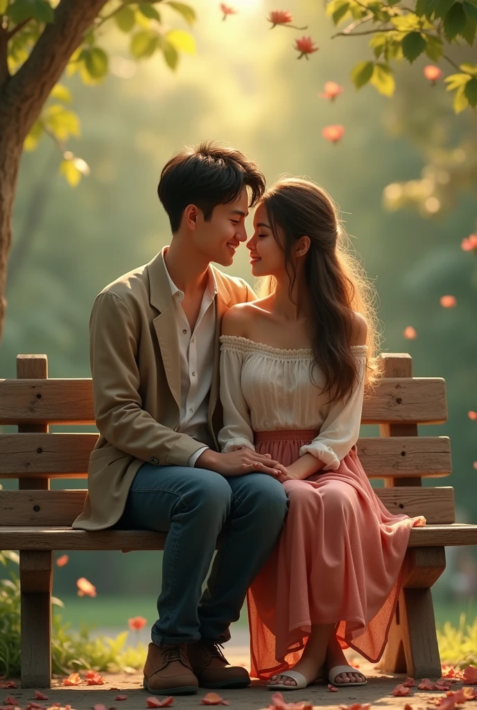 realistic couple on a romantic bench