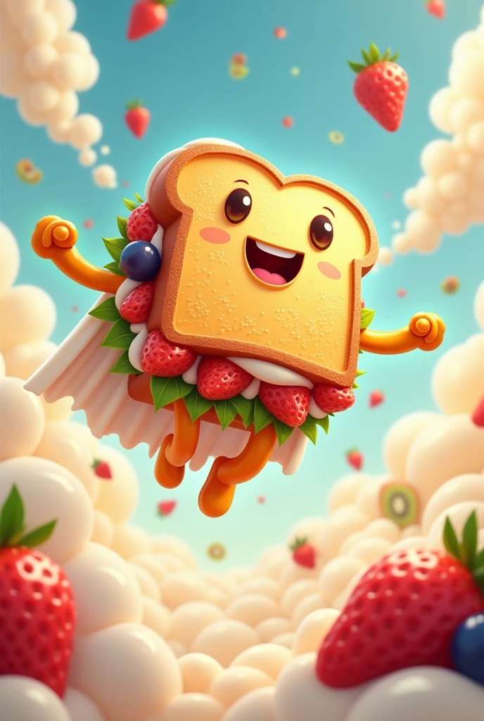 make me a logo for a fruit sandwich with cream where the sandwich is flying like Superman but there is no Superman logo Behind the sandwich there is cream and fruit such as strawberries, grapes and kiwi the sandwich is flying has hands and feet cream and fruit on the back of the sandwich there's a lot of cream