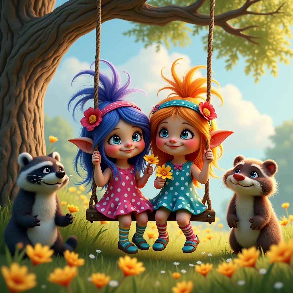 two silly little troll girls with long messy colorful hair, long eyelashes, small nose, colorful bandana with 2 colorful flowers. colorful striped socks, dressed in a colorful polka dot dress with multiple layers, she looks happy, sitting on a swing on the branch of an old tree and enjoying the good smell of a flower in her hand. a raccoon and an otter are standing next to her. background a meadow with buttercups, hyper detailed, high resolution, detailed facial features