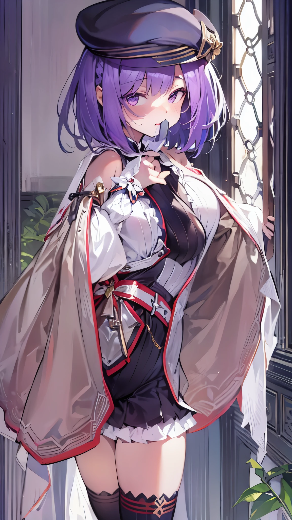 NSFW,Elena Blavatsky\(Fate/grandorder\)、Purple Hair、short hair、（Purple eyes：1.1）、Shoulder Bare、belt、beret、ribbon、- Detachable collar、Removable sleeves、hat、leotard、紫色のhat、紫色のleotard、赤いbelt、白いribbon、White sleeves