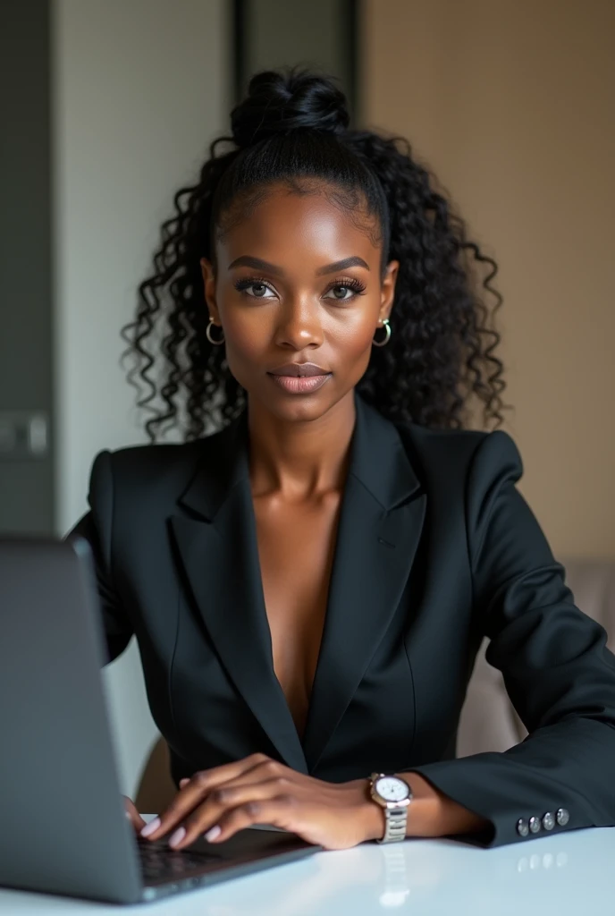 Beautiful black skin lady wearing suit sitting in the studio looking straight to the camera with laptop in front of her 