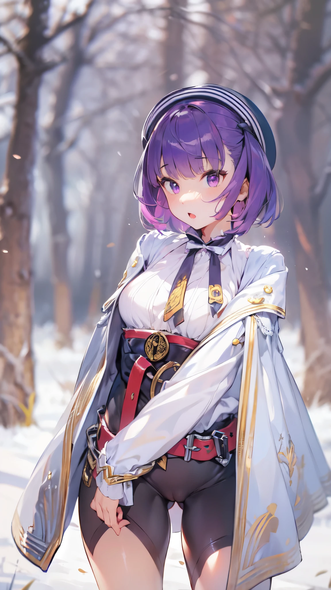 NSFW,Elena Blavatsky\(Fate/grandorder\)、Purple Hair、short hair、(Purple eyes:1.1)、Shoulder Bare、belt、beret、ribbon、- Detachable collar、Removable sleeves、hat、leotard、紫色のhat、紫色のleotard、赤いbelt、白いribbon、White sleeves
