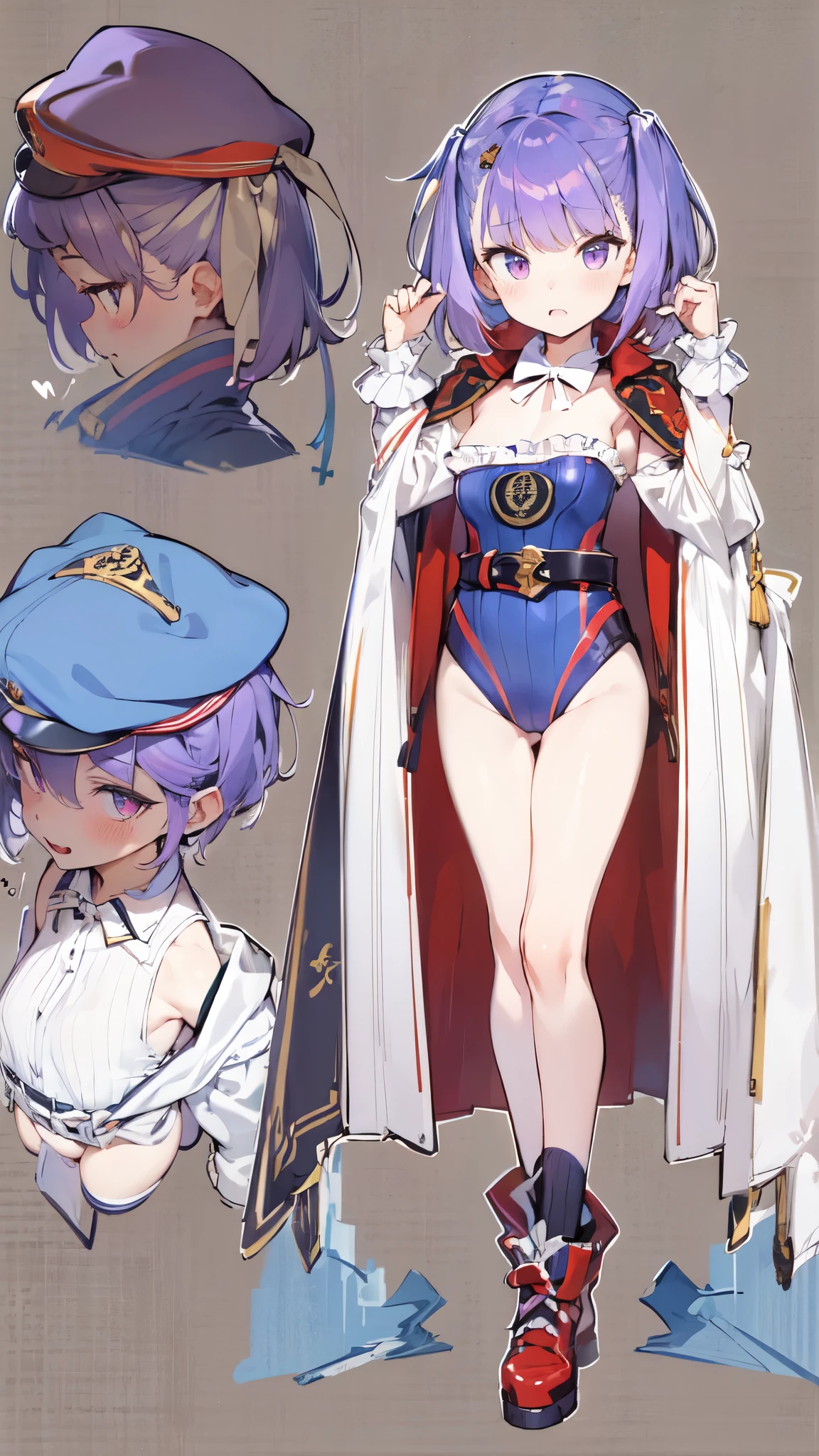 NSFW,Elena Blavatsky\(Fate/grandorder\)、Purple Hair、short hair、（Purple eyes：1.1）、Shoulder Bare、belt、beret、ribbon、- Detachable collar、Removable sleeves、hat、leotard、紫色のhat、紫色のleotard、赤いbelt、白いribbon、White sleeves