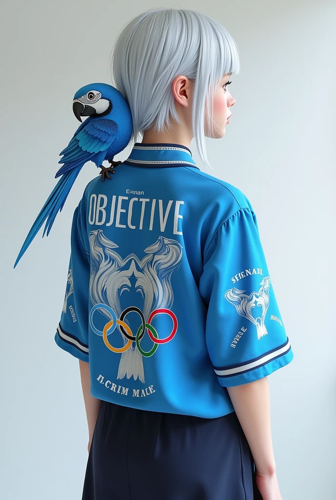 Create a Front and Back Half Sleeve Interclass Blouse (coasts) containing a blue macaw ,the olympic rings , school name (objective) and small silver details