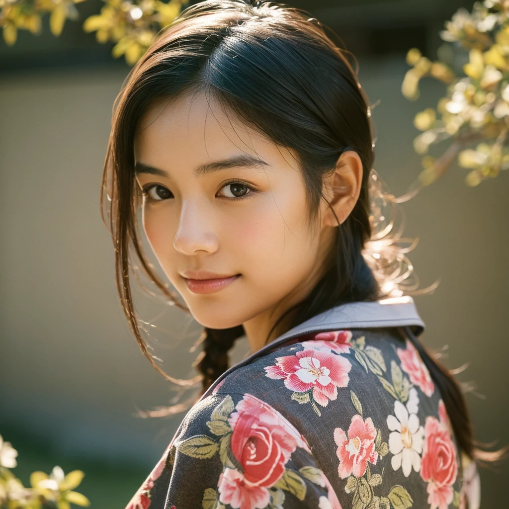 A hyper-realistic image of a single Japanese woman in her early 20s, captured from the shoulders up with the nostalgic warmth and subtle graininess of a film camera. The composition is focused on her shoulders and above, emphasizing her facial features and the upper part of her traditional yukata, which has a vibrant, cute design featuring bold and colorful floral patterns such as cherry blossoms and peonies in shades of pink, red, and lavender, set against a soft pastel background. The obi is elegantly tied with a complementary color, adding a playful touch. The fabric of the yukata appears naturally lightweight with visible folds and textures that enhance its realism, gracefully draped over her shoulders. Her skin has a warm beige tone with a distinctly natural, rough texture, showcasing visible pores, fine lines, and small blemishes. The texture includes slight unevenness, embracing imperfections to emphasize a lifelike and realistic appearance, deliberately avoiding an overly smooth look. The lighting is soft and muted, resembling the gentle, diffused natural light of an overcast day or early evening, casting subtle shadows that add depth and highlight the realistic texture of her skin. Her straight, glossy black hair frames her face naturally, slightly tousled, enhancing her authentic look. Her deep brown eyes subtly reflect the ambient light, adding depth and a sense of realism. The film camera effect introduces a noticeable grain and a soft focus, providing a warm, nostalgic atmosphere while maintaining the rough, lifelike quality of her skin. The composition is centered solely on her, capturing her serene and understated elegance, with an emphasis on the detailed textures of the yukata and the authentic, coarse texture of her skin.