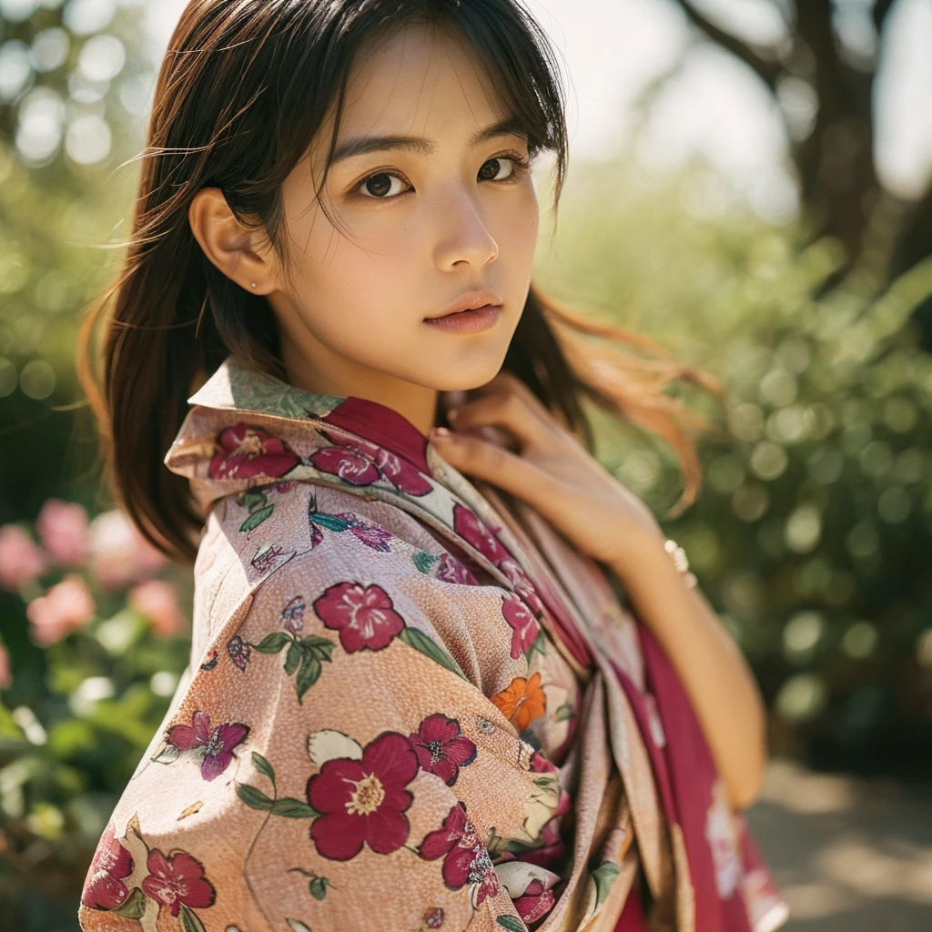 A hyper-realistic image of a single Japanese woman in her early 20s, captured from the shoulders up with the nostalgic warmth and subtle graininess of a film camera. The composition is focused on her shoulders and above, emphasizing her facial features and the upper part of her traditional yukata, which has a vibrant, cute design featuring bold and colorful floral patterns such as cherry blossoms and peonies in shades of pink, red, and lavender, set against a soft pastel background. The obi is elegantly tied with a complementary color, adding a playful touch. The fabric of the yukata appears naturally lightweight with visible folds and textures that enhance its realism, gracefully draped over her shoulders. Her skin has a warm beige tone with a distinctly natural, rough texture, showcasing visible pores, fine lines, and small blemishes. The texture includes slight unevenness, embracing imperfections to emphasize a lifelike and realistic appearance, deliberately avoiding an overly smooth look. The lighting is soft and muted, resembling the gentle, diffused natural light of an overcast day or early evening, casting subtle shadows that add depth and highlight the realistic texture of her skin. Her straight, glossy black hair frames her face naturally, slightly tousled, enhancing her authentic look. Her deep brown eyes subtly reflect the ambient light, adding depth and a sense of realism. The film camera effect introduces a noticeable grain and a soft focus, providing a warm, nostalgic atmosphere while maintaining the rough, lifelike quality of her skin. The composition is centered solely on her, capturing her serene and understated elegance, with an emphasis on the detailed textures of the yukata and the authentic, coarse texture of her skin.