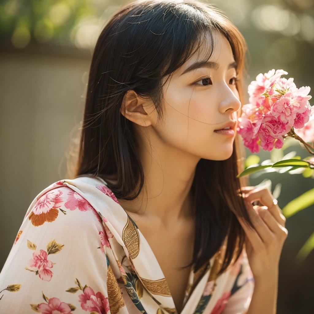 A hyper-realistic image of a single Japanese woman in her early 20s, captured from the shoulders up with the nostalgic warmth and subtle graininess of a film camera. The composition is focused on her shoulders and above, emphasizing her facial features and the upper part of her traditional yukata, which has a vibrant, cute design featuring bold and colorful floral patterns such as cherry blossoms and peonies in shades of pink, red, and lavender, set against a soft pastel background. The obi is elegantly tied with a complementary color, adding a playful touch. The fabric of the yukata appears naturally lightweight with visible folds and textures that enhance its realism, gracefully draped over her shoulders. Her skin has a warm beige tone with a distinctly natural, rough texture, showcasing visible pores, fine lines, and small blemishes. The texture includes slight unevenness, embracing imperfections to emphasize a lifelike and realistic appearance, deliberately avoiding an overly smooth look. The lighting is soft and muted, resembling the gentle, diffused natural light of an overcast day or early evening, casting subtle shadows that add depth and highlight the realistic texture of her skin. Her straight, glossy black hair frames her face naturally, slightly tousled, enhancing her authentic look. Her deep brown eyes subtly reflect the ambient light, adding depth and a sense of realism. The film camera effect introduces a noticeable grain and a soft focus, providing a warm, nostalgic atmosphere while maintaining the rough, lifelike quality of her skin. The composition is centered solely on her, capturing her serene and understated elegance, with an emphasis on the detailed textures of the yukata and the authentic, coarse texture of her skin.