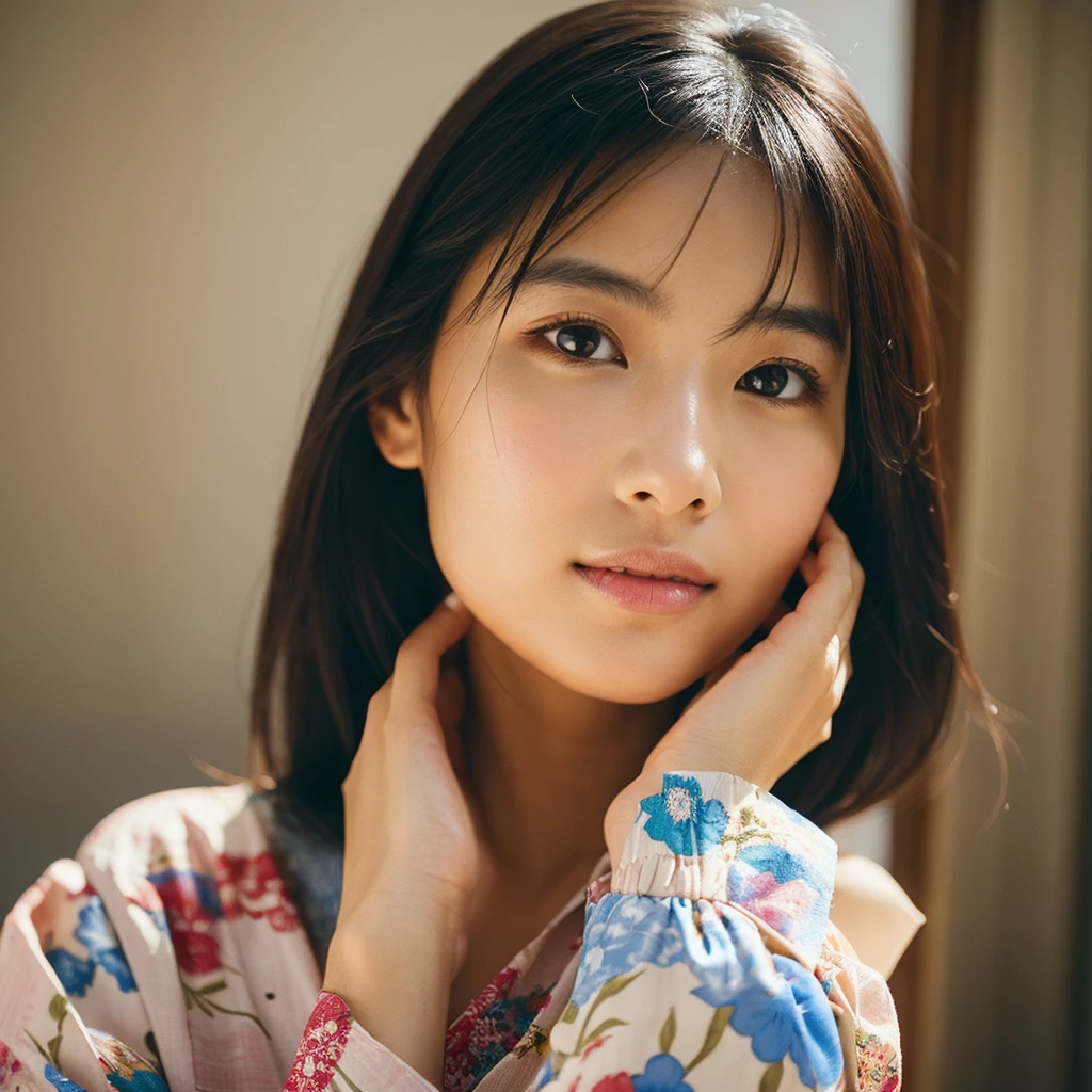 A hyper-realistic image of a single Japanese woman in her early 20s, captured from the shoulders up with the nostalgic warmth and subtle graininess of a film camera. The composition is focused on her shoulders and above, emphasizing her facial features and the upper part of her traditional yukata, which has a vibrant, cute design featuring bold and colorful floral patterns such as cherry blossoms and peonies in shades of pink, red, and lavender, set against a soft pastel background. The obi is elegantly tied with a complementary color, adding a playful touch. The fabric of the yukata appears naturally lightweight with visible folds and textures that enhance its realism, gracefully draped over her shoulders. Her skin has a warm beige tone with a distinctly natural, rough texture, showcasing visible pores, fine lines, and small blemishes. The texture includes slight unevenness, embracing imperfections to emphasize a lifelike and realistic appearance, deliberately avoiding an overly smooth look. The lighting is soft and muted, resembling the gentle, diffused natural light of an overcast day or early evening, casting subtle shadows that add depth and highlight the realistic texture of her skin. Her straight, glossy black hair frames her face naturally, slightly tousled, enhancing her authentic look. Her deep brown eyes subtly reflect the ambient light, adding depth and a sense of realism. The film camera effect introduces a noticeable grain and a soft focus, providing a warm, nostalgic atmosphere while maintaining the rough, lifelike quality of her skin. The composition is centered solely on her, capturing her serene and understated elegance, with an emphasis on the detailed textures of the yukata and the authentic, coarse texture of her skin.