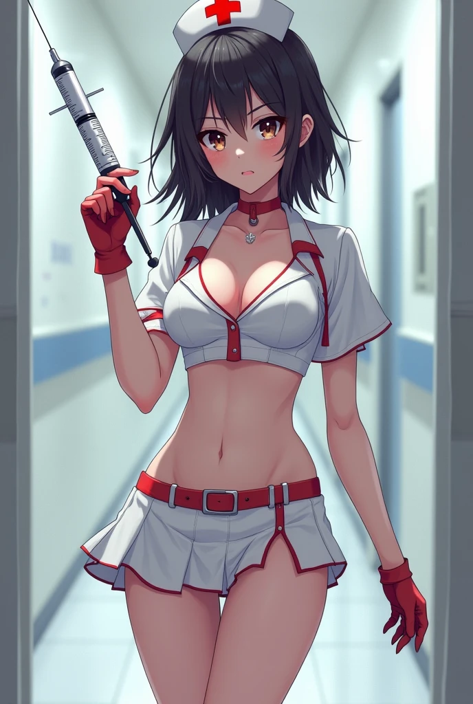 A girl holding a large body-sized syringe in a sexy anime-style nurse outfit