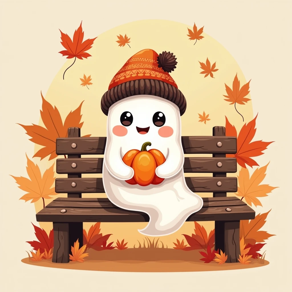 "Member badge. Theme: Cute Halloween, featuring a playful ghost in a beanie, holding a small pumpkin, sitting on a park bench with colorful autumn leaves around. Leave a blank space for the name or insignia."