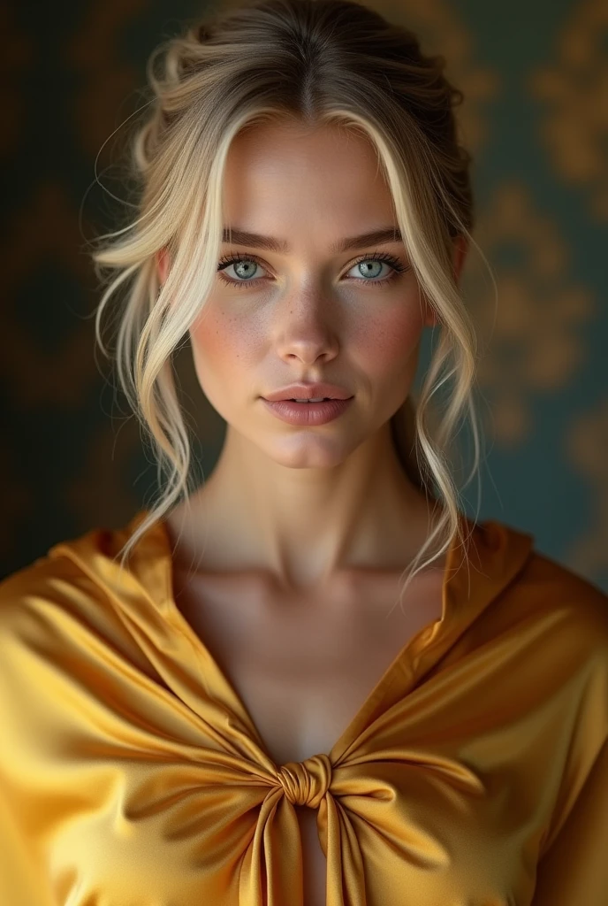 (RAW Photo) , beautiful blue-eyed girl in her 20s with long blonde hair in ponytail , (((ankle
length ((gold satin cape:1.20))+++ tied at the neck))) , leotard , full body, slight skin
blemishes, sly smile, high-quality ultra realistic style, warm tones, soft lighting, detailed
eyes, subtle freckles, professional, expressive , 8K , highly detailed