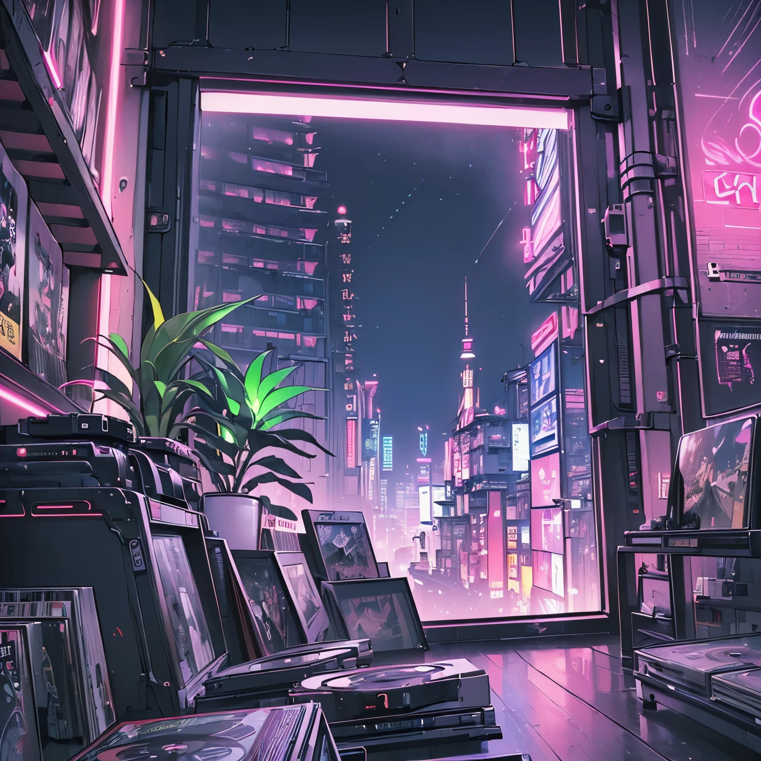 (((masterpiece, Highest quality))), (((32K Wallpapers))), Ultra-high resolution, masterpiece, unity 8k wallpaper, Depth of written boundary, Super detailed, (((unmanned))), (((Record Store))), Japanese taste, Panorama, Long Shot, (((Records on the shelf.))),  (((Different angles))),(((plant))), (((cyber punk))),  (((neon))),(((Front view))),(((night))), (((Straight))),  (((Large windows)))