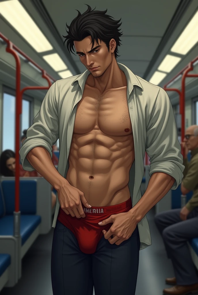 Realistic、Handsome Men、、Japanese、Slim body、Mash Hair、Torn and open shirt、Six-pack、Trousers hanging down、crowded train、Red Boxer Briefs、The old man next door puts his hand inside his briefs、Being touched all over the body、Old man grabs bulge in boxer briefs