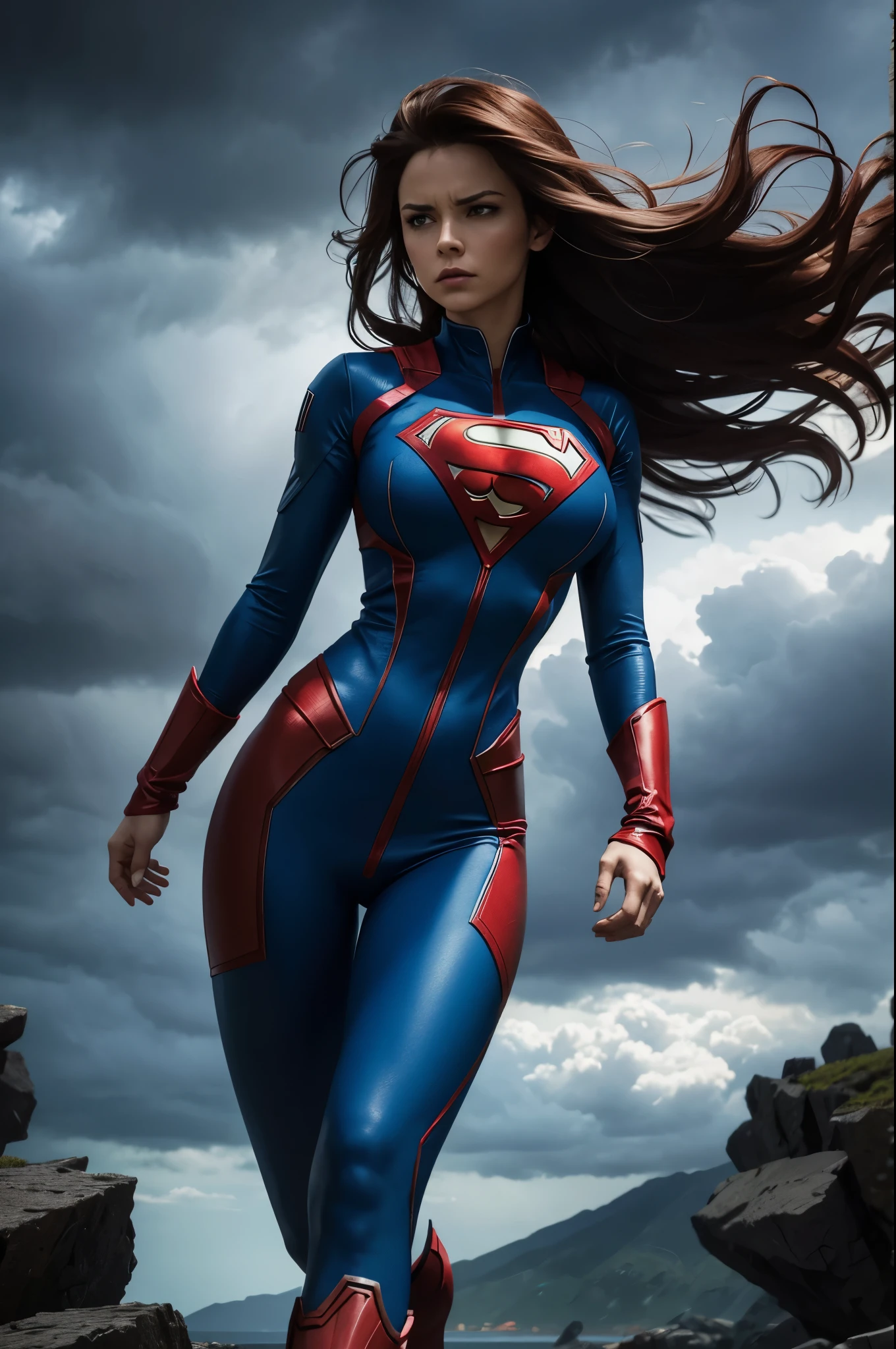 The image features a woman dressed in a blue and red superhero costume, standing confidently in front of a stormy sky. She appears to be a powerful and fearless character, ready to face any challenges that come her way. The woman's hair is blowing in the wind, adding to the dramatic atmosphere of the scene. The costume is tight-fitting and designed to showcase her strength and agility.