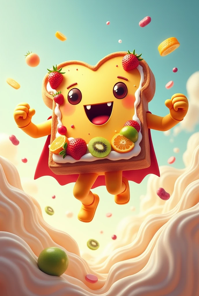 make me a logo for a fruit sandwich with cream where the sandwich is flying like Superman but there is no Superman logo Behind the sandwich there is cream and fruit such as strawberries, grapes and kiwi the sandwich is flying has hands and feet cream and fruit on the back of the sandwich there's a lot of cream