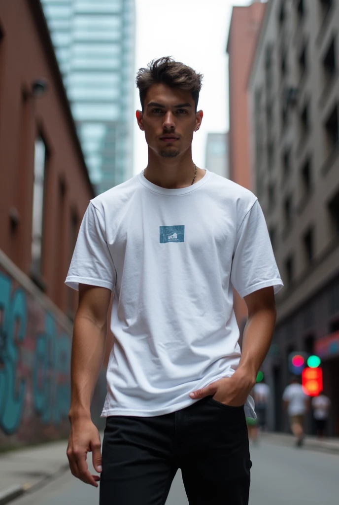 Create a male model of urban clothing with a wide white t-shirt and black jeans