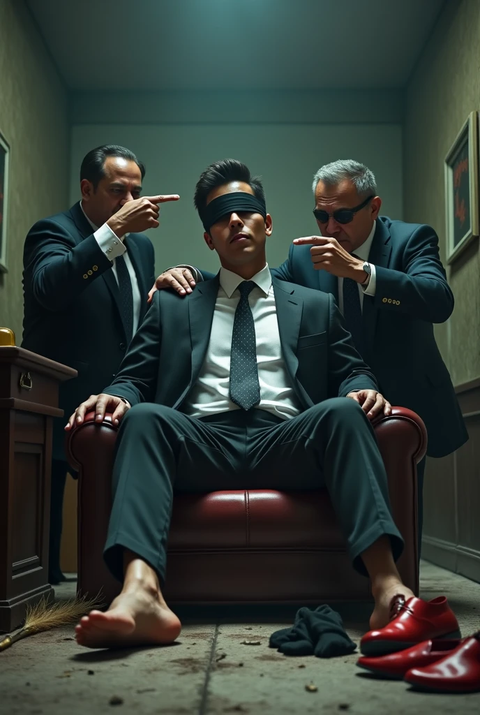Malaysia handsome malay 22 years lawyer
He faint
5 Tie Smelly feet
His hand handcuff in  abondon warehouse 
Blindfolded
handcuff
Formal Outfit 
Focus sweaty hot feet on desk
feather duster on desk
Dirty black long sock on desk
2  evil mafia pinch nose
1 mafia holding red shoes

