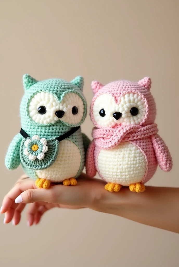 Produk desain,mini plushie, amigurumi , 2 owl , A chubby owl with pastel green color, and a chubby owl with pastel pink color , brand's eyes are made of black amigurumi eyes, and the nose is black, Wearing a sling bag flower , wearing a hoodie to cover the head, and a scarf kawaii design,Head size is larger than body, Product photo with plushie Standing on the wrist