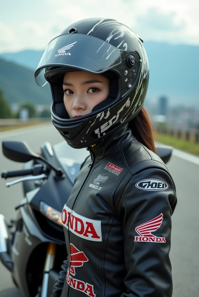 realistic, cinematic scene, very beautiful Japanese high school girl, standing next to the luxury motorcycle, at scenic driveway, amazing view of mountain with metropolitan at the valley, dramatic scene, masterpiece, (face focus:1.3), clear helmet visor, beautiful eyes, Honda Gold Wing, stylish patterned Shoei helmet, (wearing leather suits for motorcycle race with many sponsor's logos), (shoot from behind:1.3)