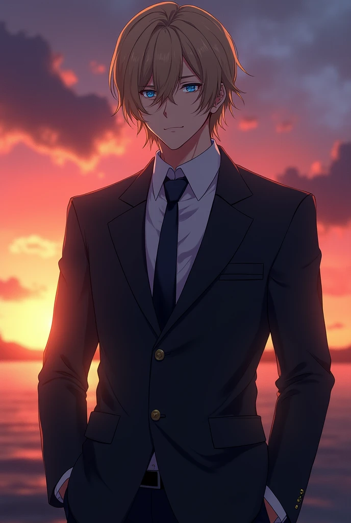 anime character, masculine, 1.87 height, dull crystal blue eye color, cold expression, wearing a suit and looking forward, very realistic, medium long dark blonde hair, background behind him a beautiful sunset, that can be seen from the waist up