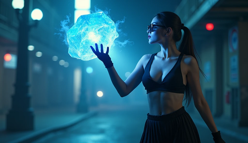 A young modern woman with a glowing floating small crystal stone, mysterial spell, facing and defeating dark forces and beings. She stands with her right hand raised forward with a blue fire of light, at night, (1girl, solo, alone), photorealistic, large-breast slim:0.6 body, oval:0.5 face, cleavage:1.1, very low angle view of pleated miniskirt, deep-v, (upskirt), glove, (Matrix style black micro sunglasses), dynamic running pose, (half-body thigh level close-up shot), cinematic lighting, ray tracing, motion blur background.