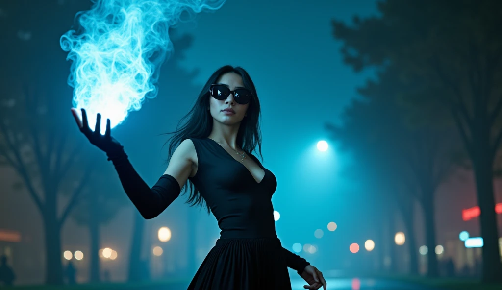 A young modern woman with a glowing floating small crystal stone, mysterial spell, facing and defeating dark forces and beings. She stands with her right hand raised forward with a blue fire of light, at night, (1girl, solo, alone), photorealistic, large-breast slim:0.6 body, oval:0.5 face, cleavage:1.1, very low angle view of pleated miniskirt, deep-v, (upskirt), glove, (Matrix style black micro sunglasses), dynamic running pose, (half-body thigh level close-up shot), cinematic lighting, ray tracing, motion blur background.