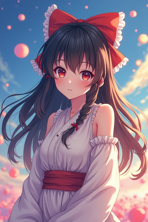 masterpiece, of the highest quality, SFW, showy, 1 girl, Alone, Hakurei Reimu, Brown hair, Brown eyes, by the wide, fur tubes, small breasts, abstract background, Blue background, Pink background, yellow background, polka dot background, (Semitone)