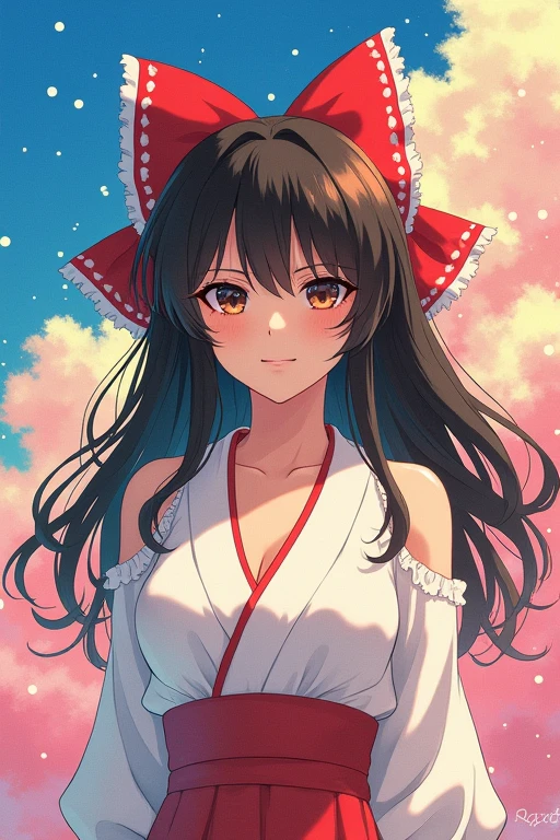 masterpiece, of the highest quality, SFW, showy, 1 girl, Alone, Hakurei Reimu, Brown hair, Brown eyes, by the wide, fur tubes, small breasts, abstract background, Blue background, Pink background, yellow background, polka dot background, (Semitone)