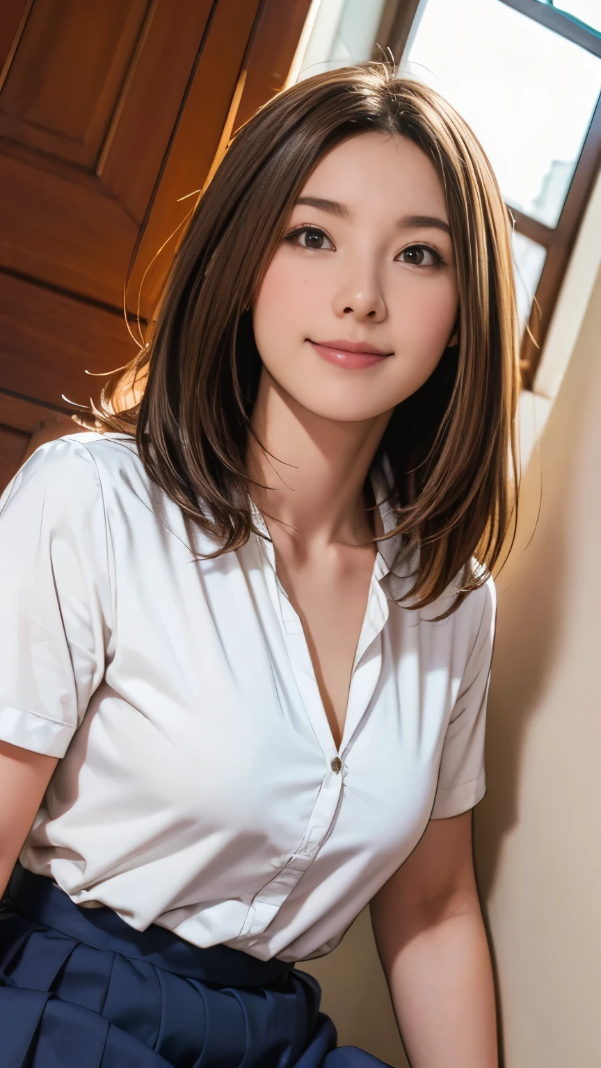 A beautiful Japanese shy girl, age 18 years old, short brown hair, brown big eyes, shiny lip, shiny hair, ecstatic expression, wearing white blouse, plaid mini skirt, in front of huge window, The background is very blurry, Leaning forward