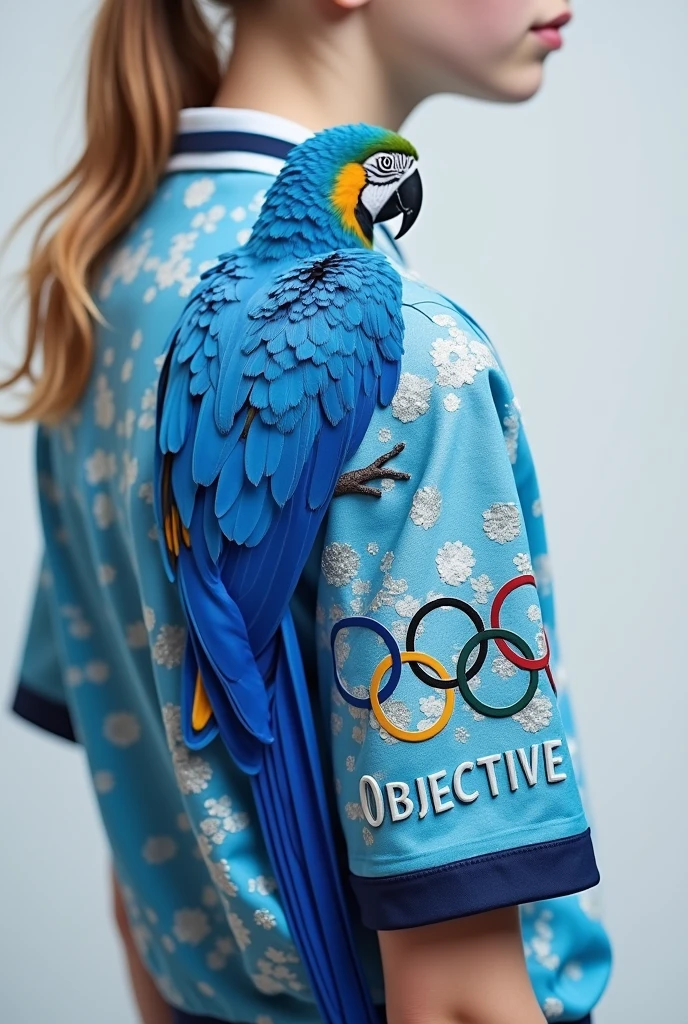 Create a Front and Back Half Sleeve Interclass Blouse (coasts) containing a blue macaw ,the olympic rings , school name (objective) and small silver details