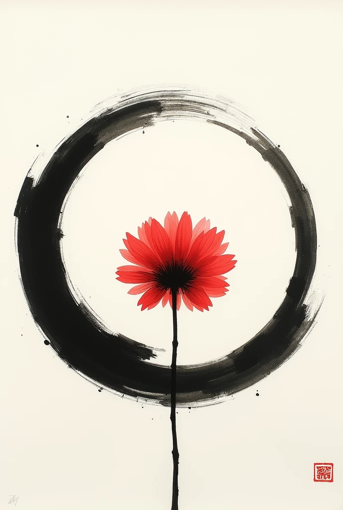 enso circle with a red Gomphrena globosa in the center in Japanese drawing style