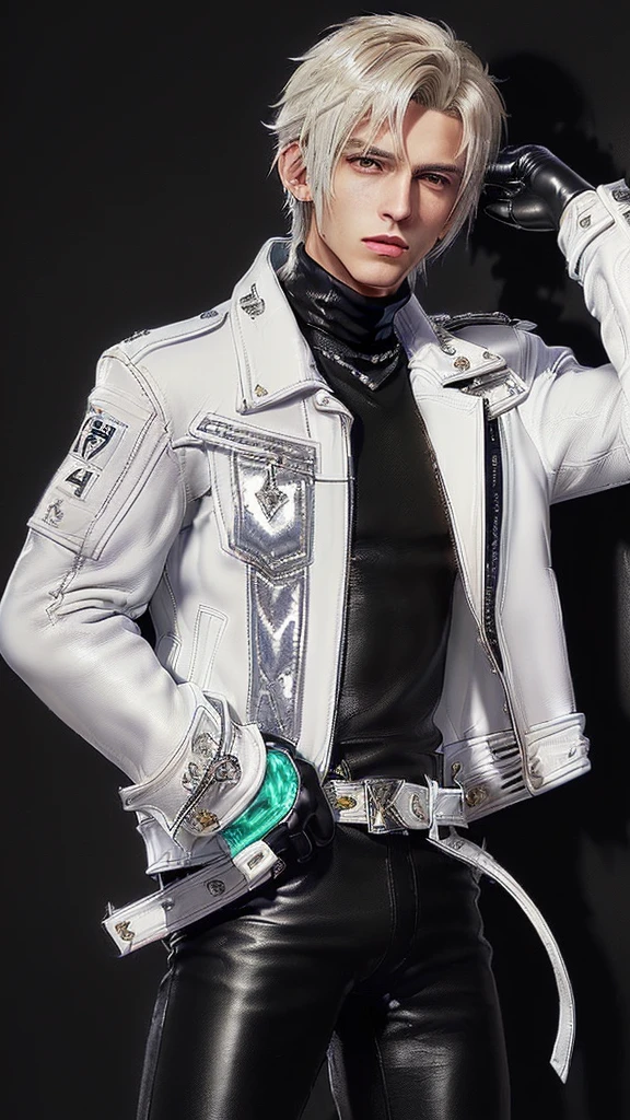 ((Final fantasy taste and reality graphics)), ((Japanese young cute and cool ikemen  boy)), his age is early 20s, thin eyebrows and beady eyes,  ((((he wearing white color leather very thick single-brest jacket)))),((((leather jacket is smooth luster and shiny)))), ((jacket with epaulet)), ((leather jacket close all zippers)),, ,(( jacket collar is very high length stand-up collar with belts)), , (((also wearing black color turtleneck polyester shirts))),  (((tight black and leather pants))), ((((black leather tight and thin glove)))), ((black color leather knee-high raceup boots)),((show the boy whole body)), boy looks like fashion model,Do not show skin from the neck down,(((all his clothes are smooth design and very shining))),(((Avoid adding unnecessary decorations to your clothes))),(((all clothes is simple design and appearance))),(((don't wear jewelry on all clothes)))