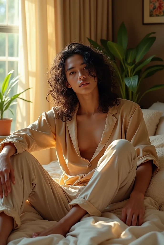 (photorealism:1.2), beautiful asian man, sitting on bed, wearing loose off-shoulder top, pajama pants, long curly hair, indoors, soft lighting, plants in background, window with sunlight, cozy room, relaxed pose, realistic, intricate details, warm colors, by Greg Rutkowski, by Alphonse Mucha