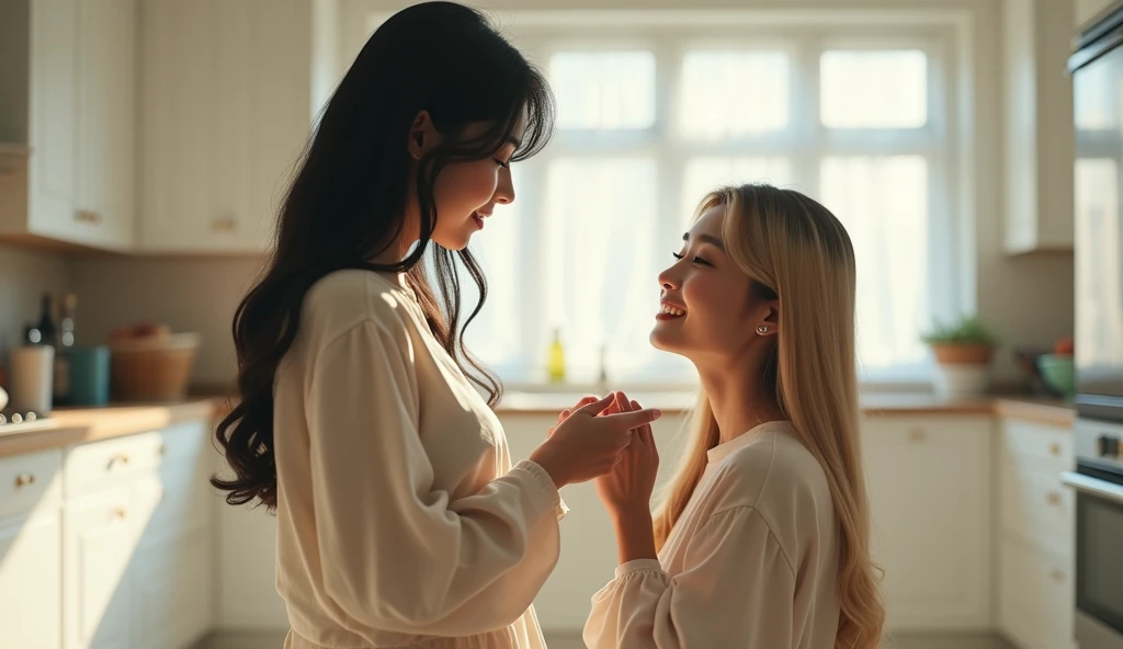 an asian woman with long black hair standing in front of another asian woman with long blonde hair kneeling proposing in a white kitchen realistic cinematic