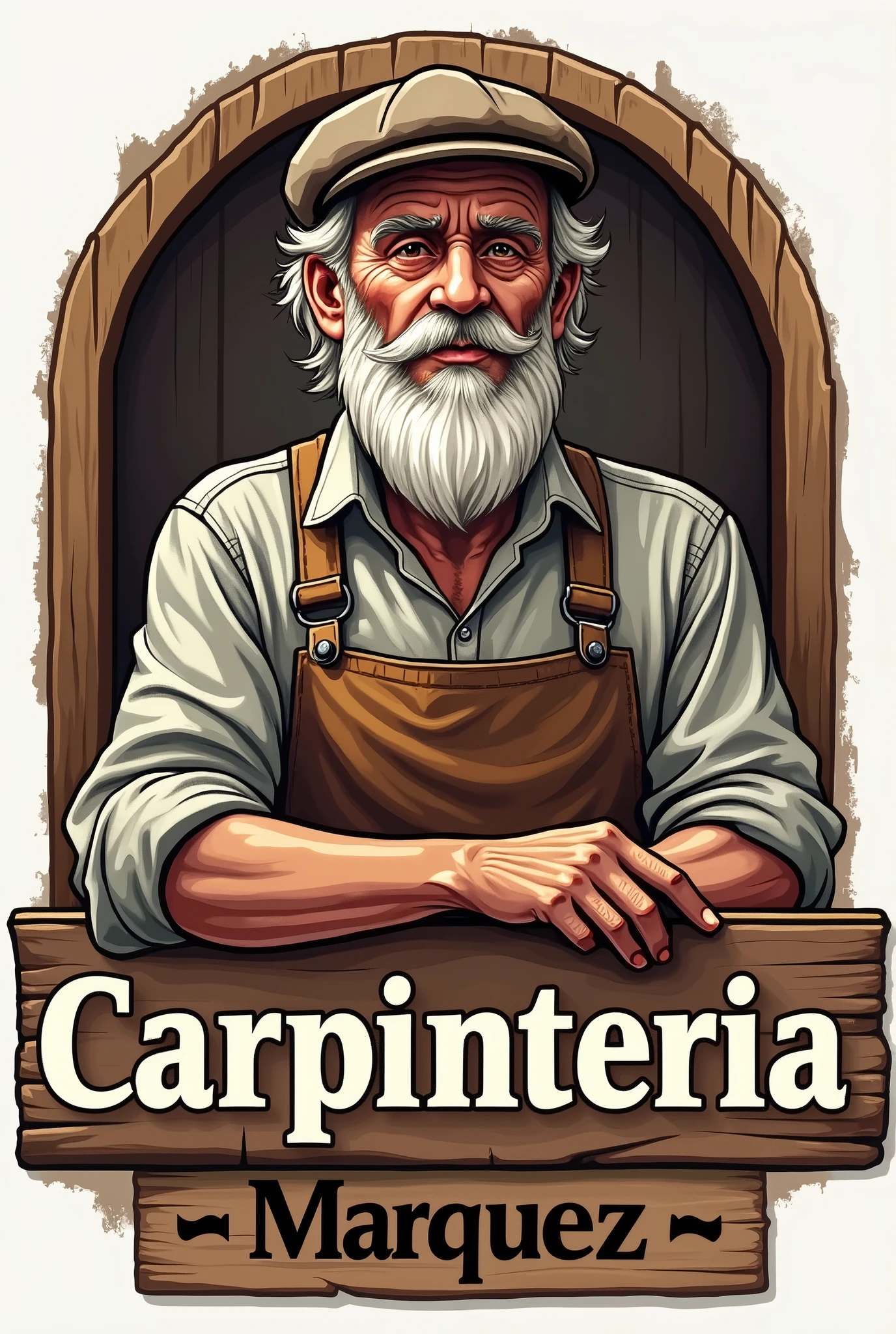 EYE-CATCHING LOGO FOR A CARPENTRY SHOP WHERE AN OLD MAN APPEARS AS A MASTER CARPENTER WITH THE NAME CARPINTERIA MARQUEZ
