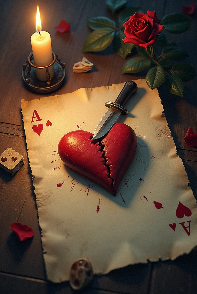 Create an image on a large, blank sheet of aged paper ; to the leaf, boku, a Broken Heart Held by a Dagger , some scattered playing cards  , A candle, a sad environment, rosa murcha