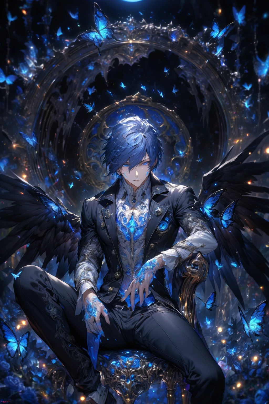 absurdres, highres, ultra detailed, HDR, masterpiece, extremely detailed face and eyes, perfect face, Yuki Makoto, dark blue hair, expressive blue eyes, persona 3, solo, sexy man, handsome, mature man, adult face, white shirt, black jacket, black pants, sitting, blue moon, blue butterflies, magical, fantasy, glittering, blue dust, black angel wings