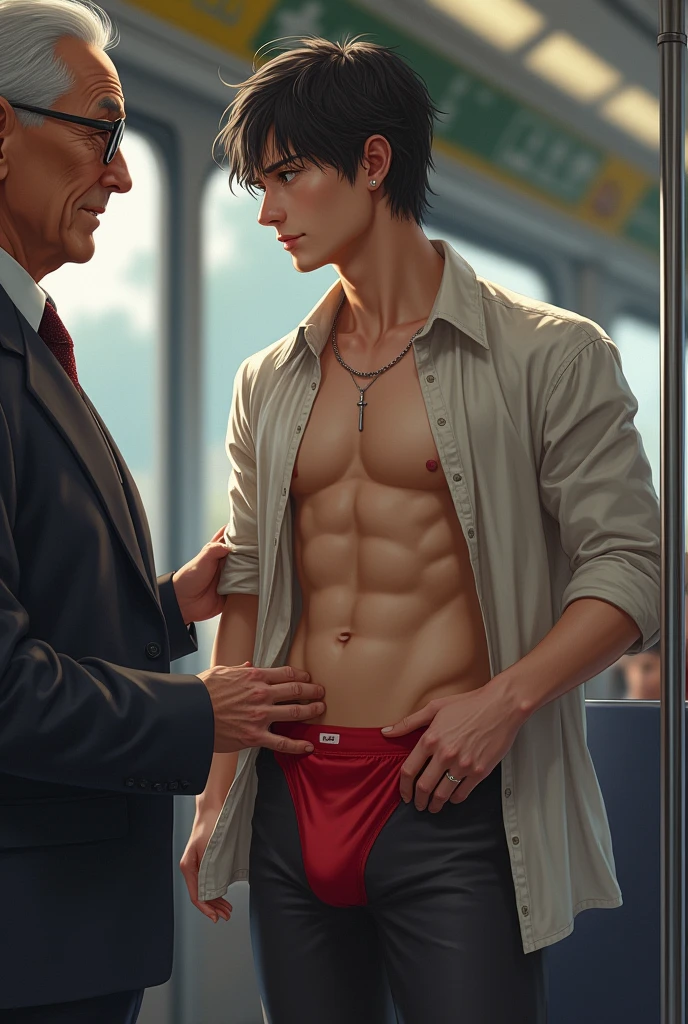 Realistic、Handsome Men、、Japanese、Slim body、Mash Hair、Torn and open shirt、Six-pack、Trousers hanging down、A crowded train、Red Boxer Briefs、The old man next door puts his hand inside his briefs、Being touched all over the body、Old man grabs bulge in boxer briefs