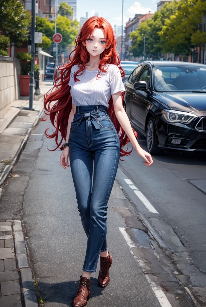 1 girl with waist-length red hair with waves, blue eyes, medium breasts, slim waist casual wear
