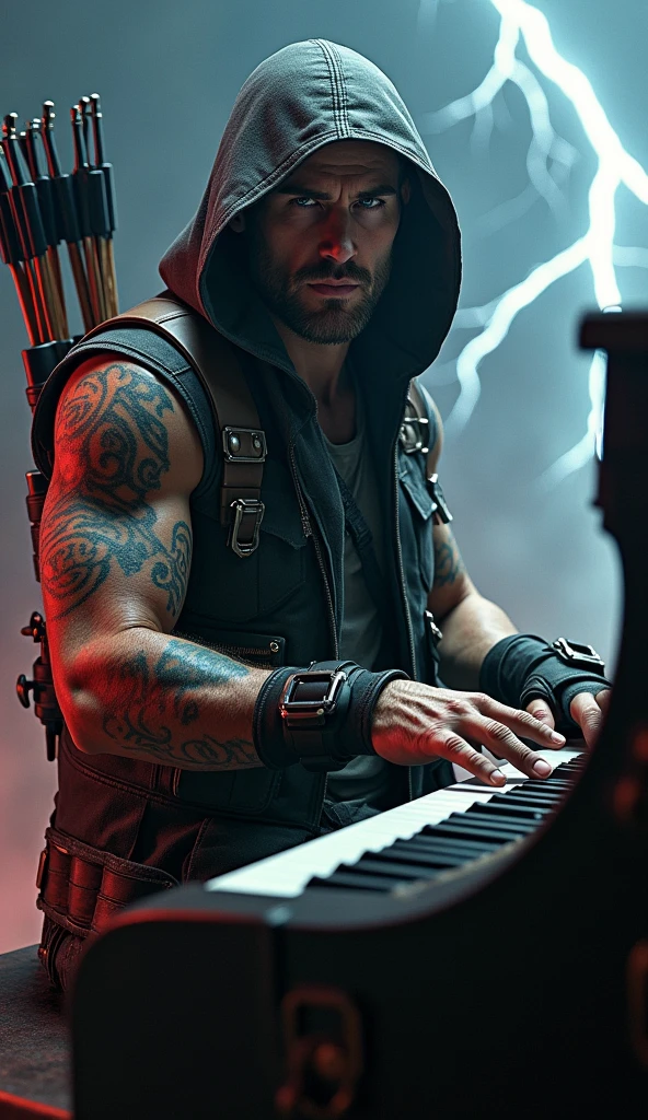 Rock Hawkeye marvel by playing the piano with a thunder background and a very rock vibes.