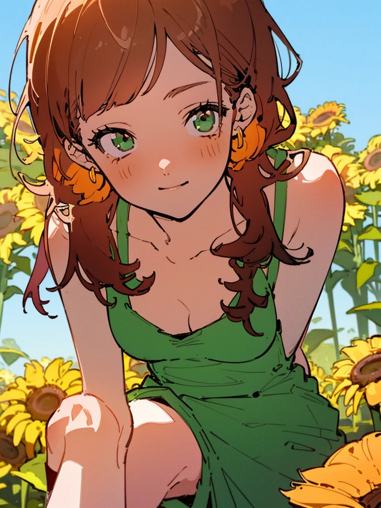 ((best quality)), ((masterpiece)), ((realistic cartoon)), ((perfect character)), ((extremely detailed 8k CG wallpaper)), Emerald-eyed girl, with flowing chestnut locks, adorned with a vibrant red headband, dressed in a resplendent yellow sundress, basking in the warm glow of a summer afternoon, surrounded by blooming sunflowers and lush greenery. Her smile captivates with genuine happiness, while the clear blue sky and gentle breeze add to the scenic masterpiece, an 8k ultra HD landscape capturing this amazing scenery.