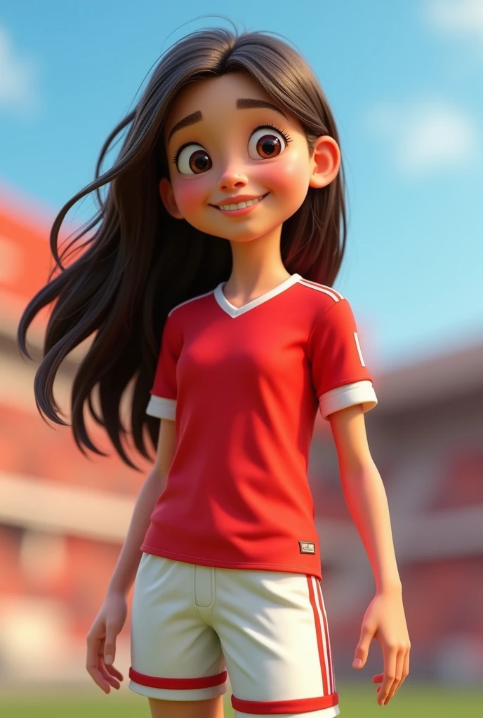 with long hair down to the middle of the back, with big eyes and big mouth , wearing red soccer jersey and white pants with red stripes pixar style 3D.