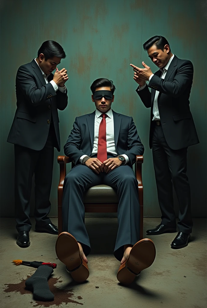Malaysia malay handsome  23years  student 
He faint
Smelly feet
His hand handcuff in  abondon warehouse 
Blindfolded
handcuff
Formal Outfit 
Focus sweaty hot feet on desk
feather duster on desk
Dirty Black sock on desk
2 mafia pinch nose
