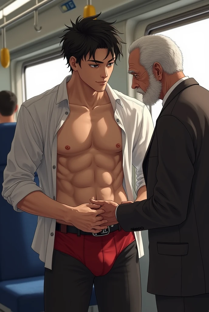 Realistic、Handsome Men、、Japanese、Slim body、Mash Hair、Torn and open shirt、Six-pack、Trousers hanging down、A crowded train、Red Boxer Briefs、The old man next door puts his hand inside his briefs、Being touched all over the body、Old man grabs bulge in boxer briefs