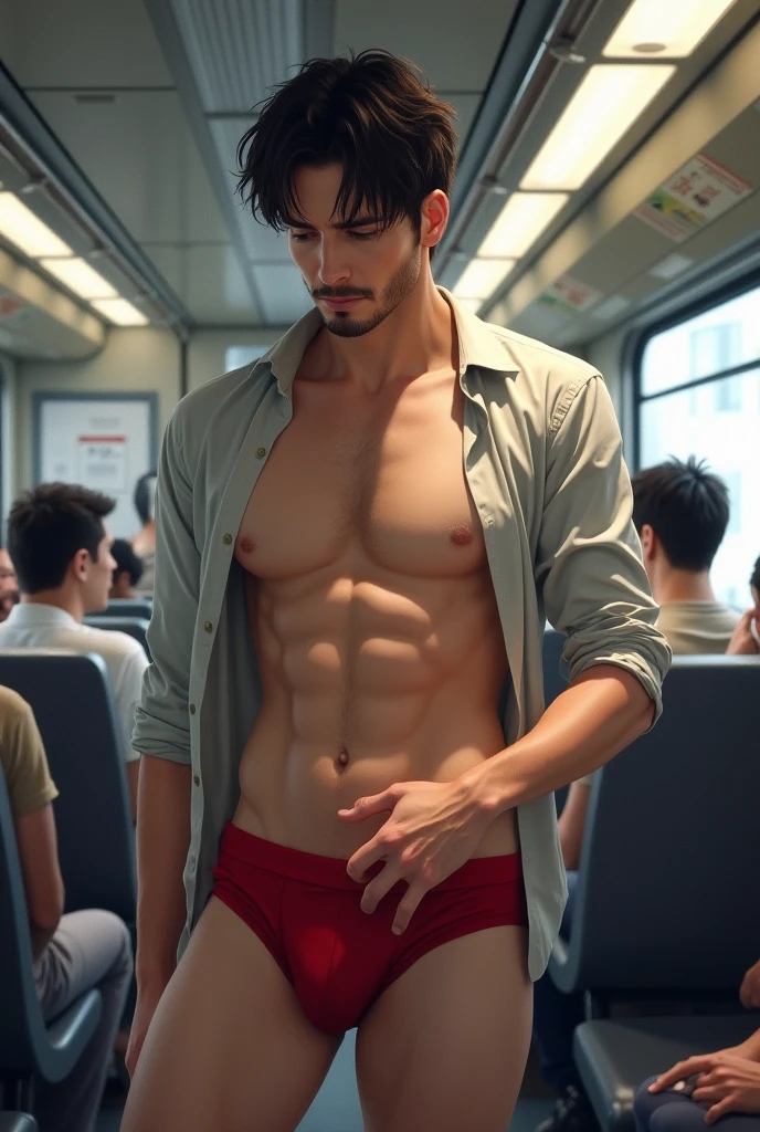 Realistic、Handsome Men、、Japanese、Slim body、Mash Hair、Torn and open shirt、Six-pack、Trousers hanging down、A crowded train、Red Boxer Briefs、The old man next door puts his hand inside his briefs、Being touched all over the body、Old man grabs bulge in boxer briefs