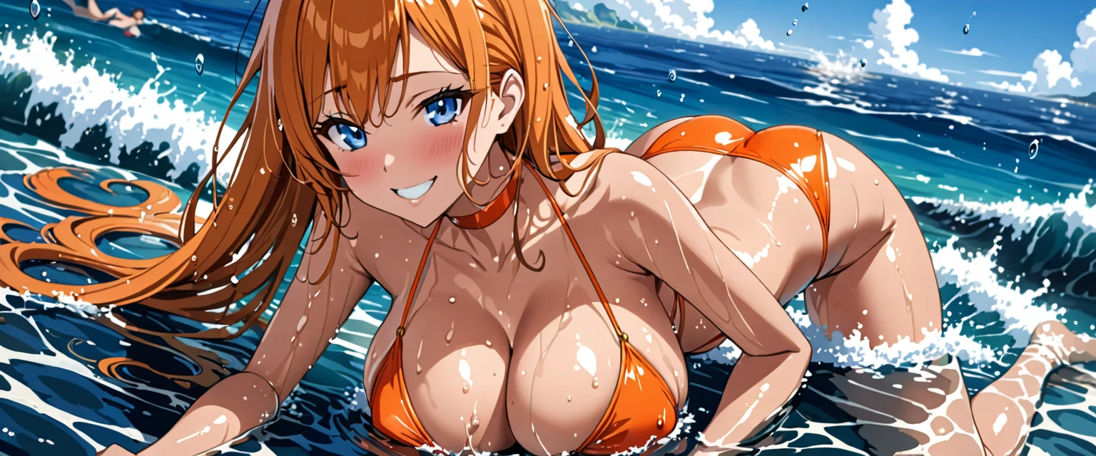 ((masterpiece)), ((Ultra quality)), ((super detailed)), ((high resolution)) ,((8k)), a beautiful woman, ((She is one of the most famous female High-class hostess in the world.)), unparalleled beauty, ((huge breast:1.6)), ((large ass)), ((deep cleavage)), slim waist, chest out, ultra detailed face, perfect skin, (((Hair that reaches down to the neck, Beautiful medium-long orange hair))), ((slant eyes, Blue eyes, detailed eyes)), whole body image, sexy, an inviting smile, sensual, (((anime))), ((glamorous)), sexual attraction, ((Age 23)), ((incredibly beautiful woman)), ((The H cup bust)), ((sex friend, Gal)), (((Expensive string bikini))), ((beautiful breasts)), beautiful legs, 8 life size, anime, ((charm)), ((Half Japanese and half American)), ((Grown-up face)), ((Secret meeting)), Lust, Exuding sex appeal, ((((Swim in the wide and deep ocean)))), ((Provocative smile, wet)), ((She is good at swimming in the sea)),
