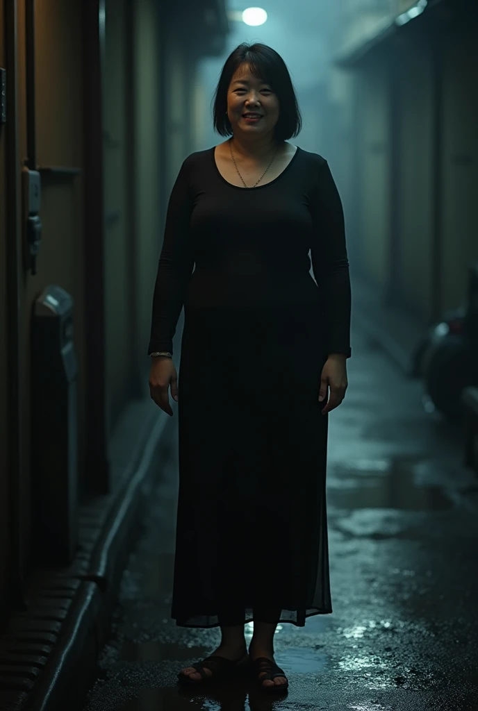 a Japanese woman, 3, wet black dress and shoes, no makeup, a little plump body,photo art, standing in the street, wet cloths, deep shadow,(best quality, masterpiece), pale skin, dimly lit, shade, flustered, blush, highly detailed, skinny, BREAK depth of field, film grain, wrinkled skin, not looking at viewer, knee, warm smile, (upper body), masterpiece, ultra realistic