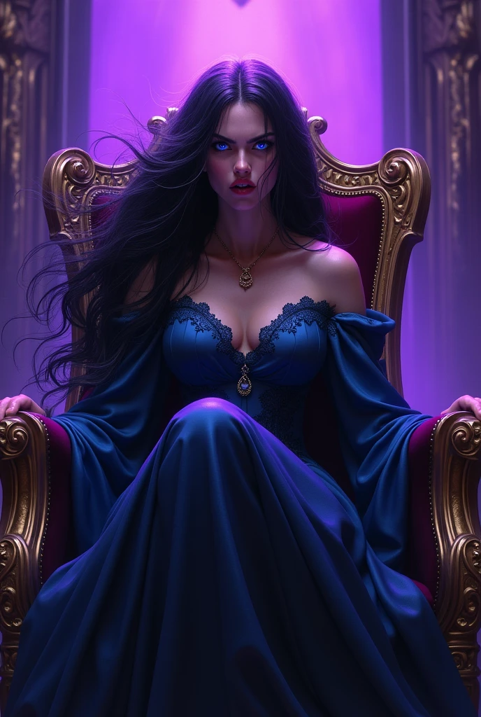 An enraged blue-eyed, black-haired duchess sitting on her sapphire throne, being illuminated by an intense purple light on her face